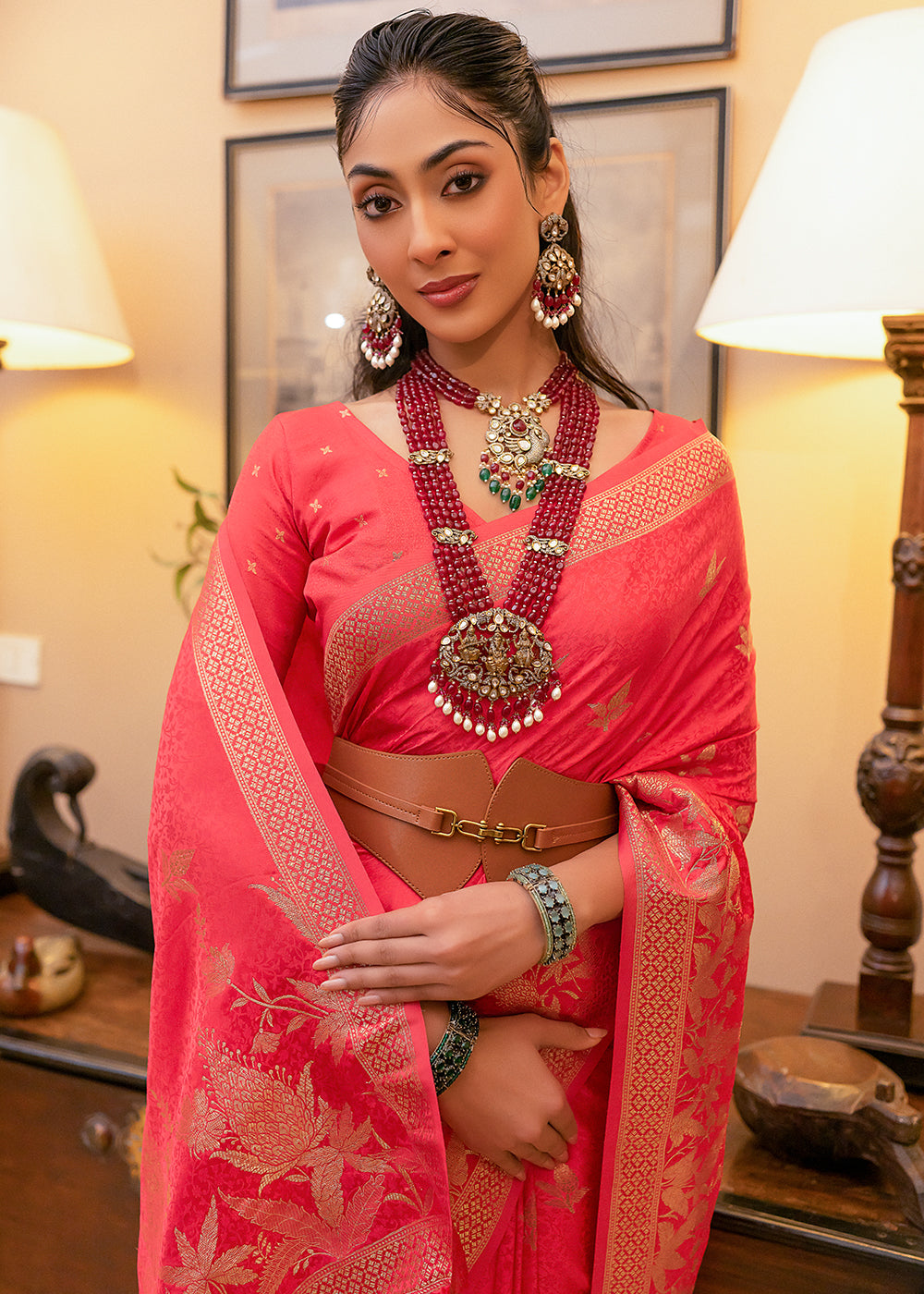 Bittersweet Pink Woven Satin Silk Saree