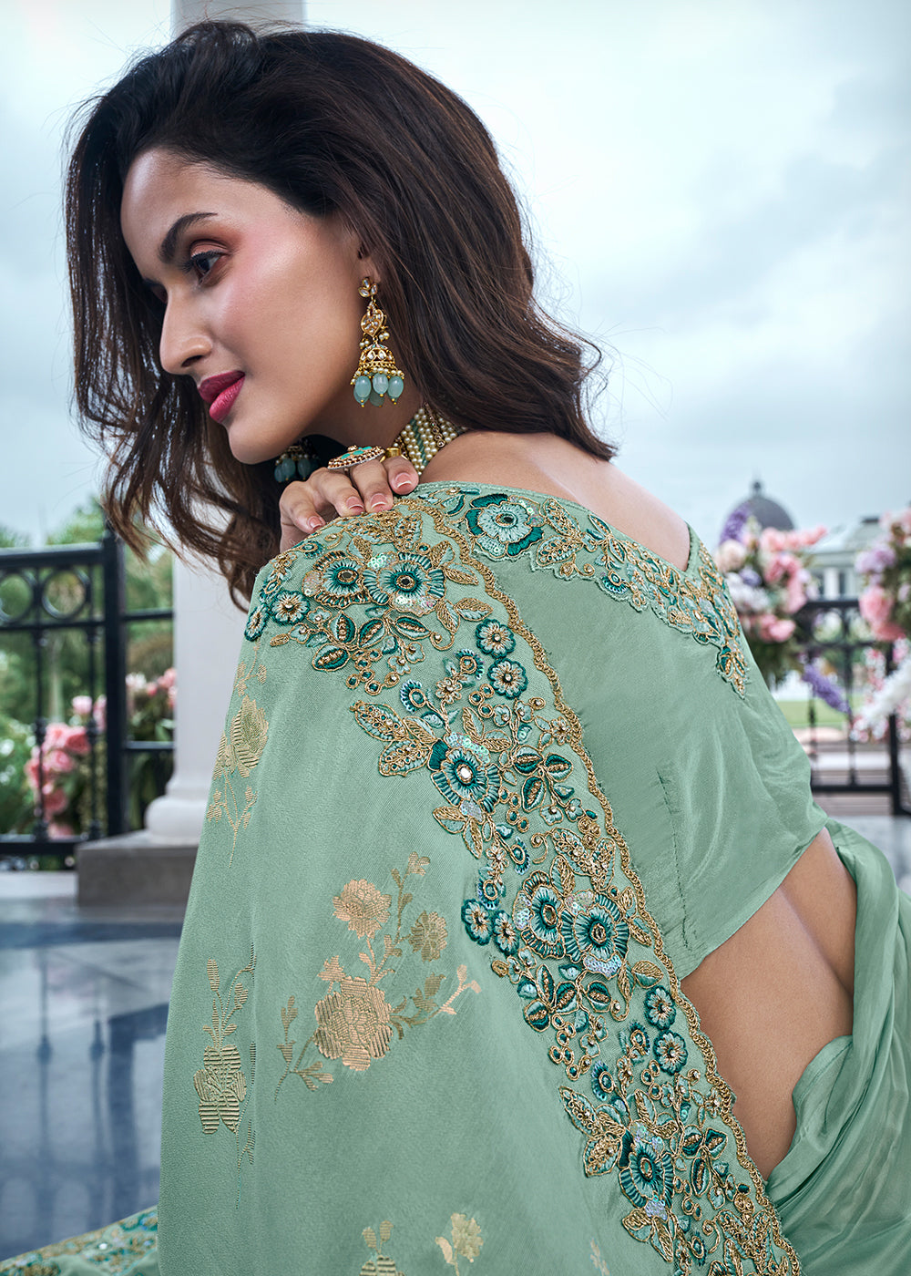 Mason Green Embroidered Designer Silk Saree