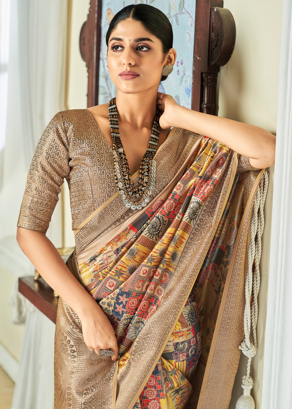 Manhattan Yellow and Brown Banarasi Satin Silk Saree