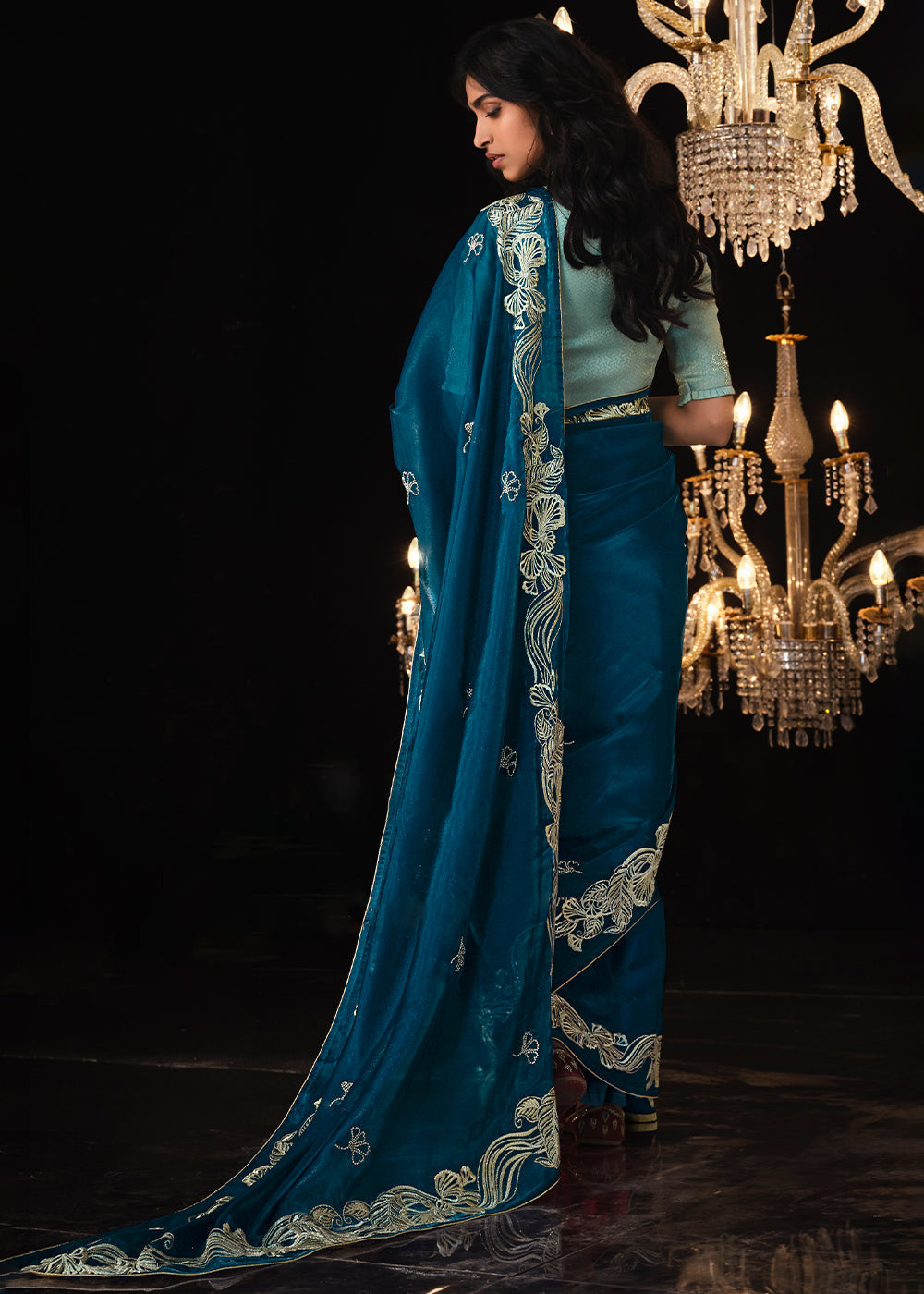 Blue Whale Embroidered Designer Satin Silk Saree