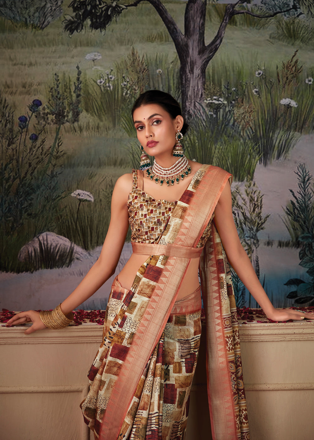 Muddy Waters Brown and Cream Woven Banarasi Tussar Silk Saree