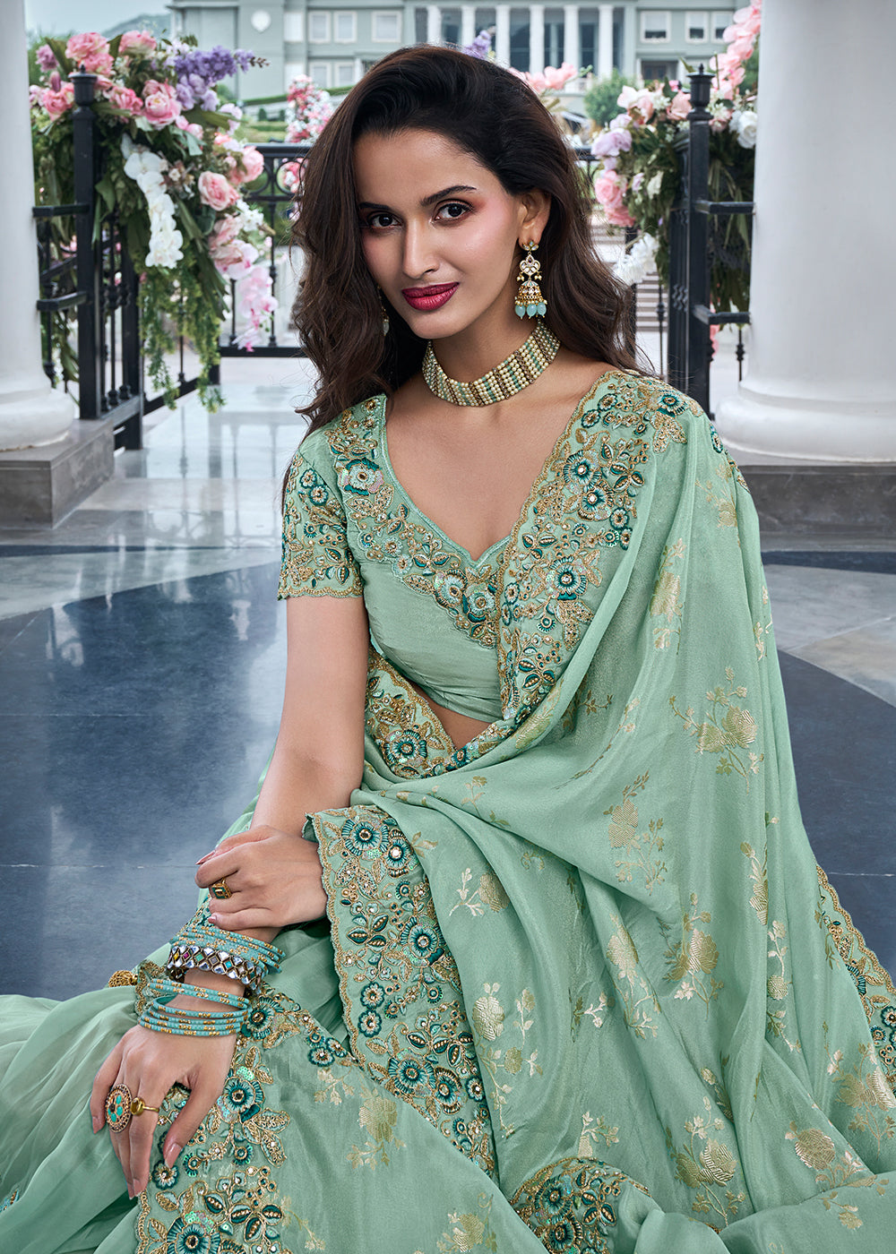 Mason Green Embroidered Designer Silk Saree