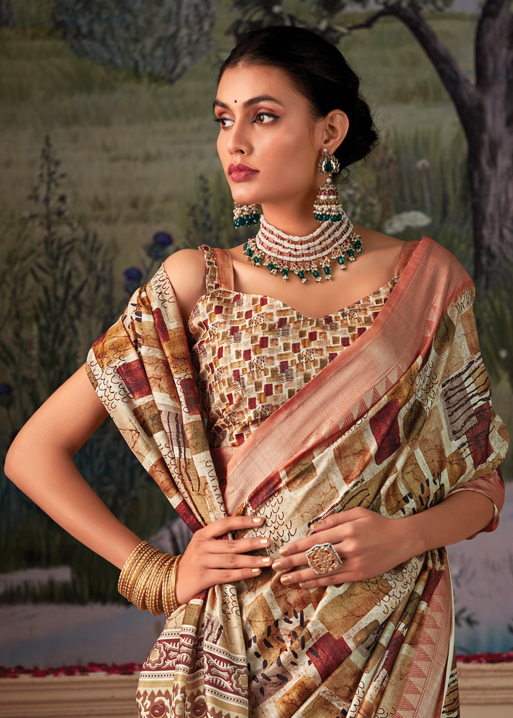 Muddy Waters Brown and Cream Woven Banarasi Tussar Silk Saree