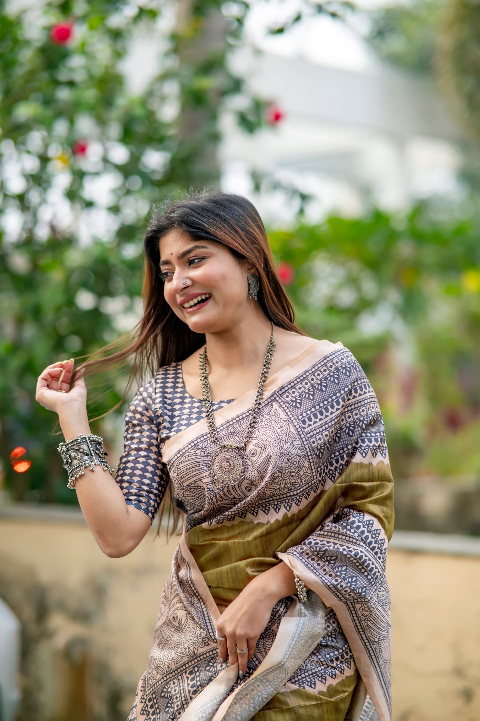 Pesto Green Madhubani Printed Silk Saree