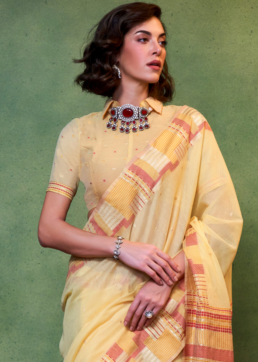 Brandy Yellow Handloom Cotton Silk Saree