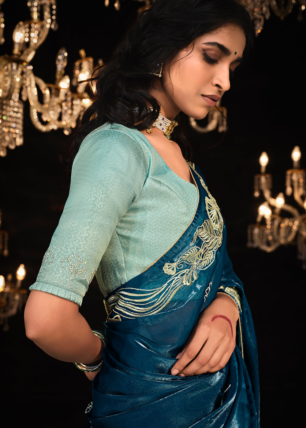 Blue Whale Embroidered Designer Satin Silk Saree