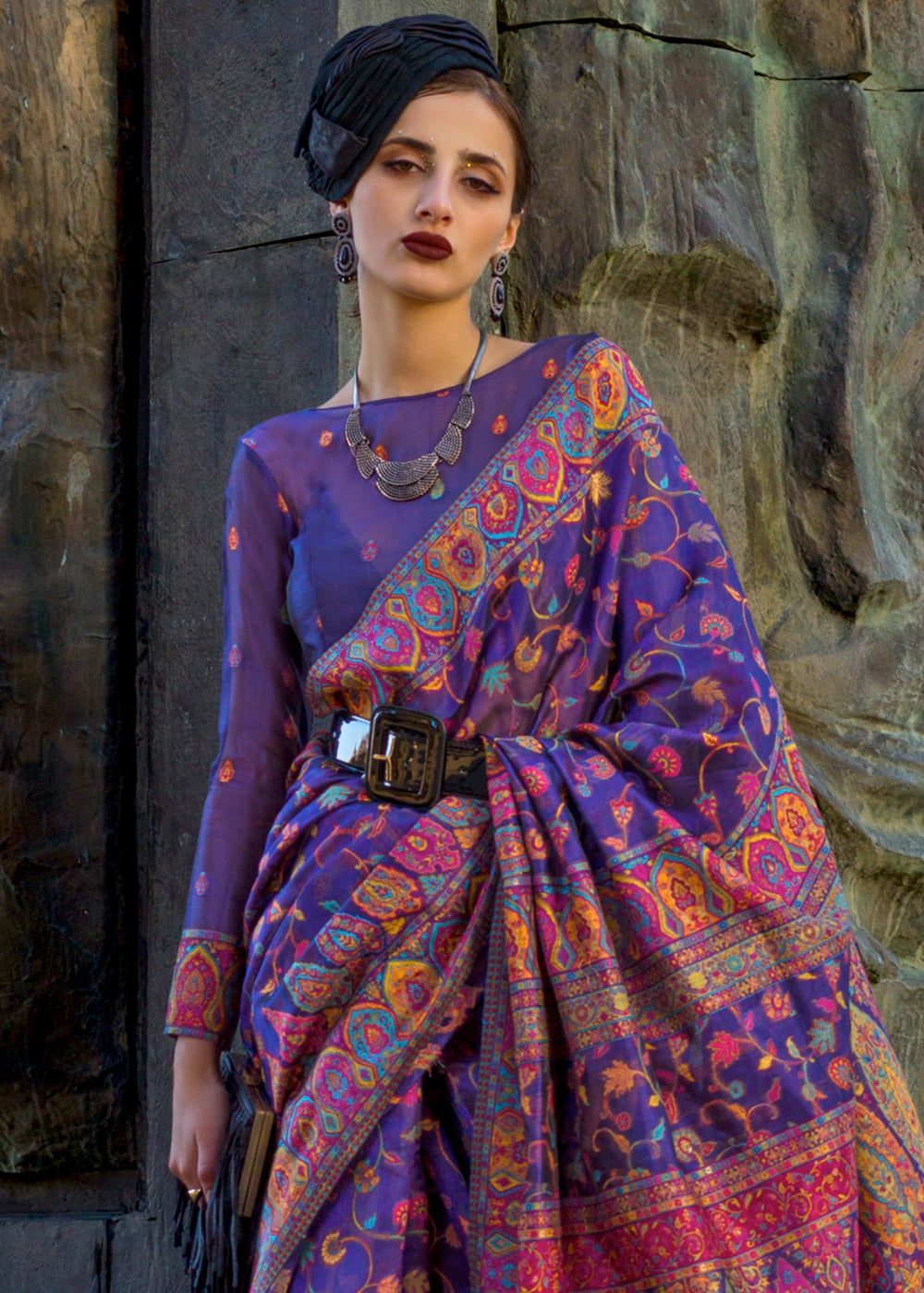 Jacarta Purple Jamawar Woven Organza Silk Saree