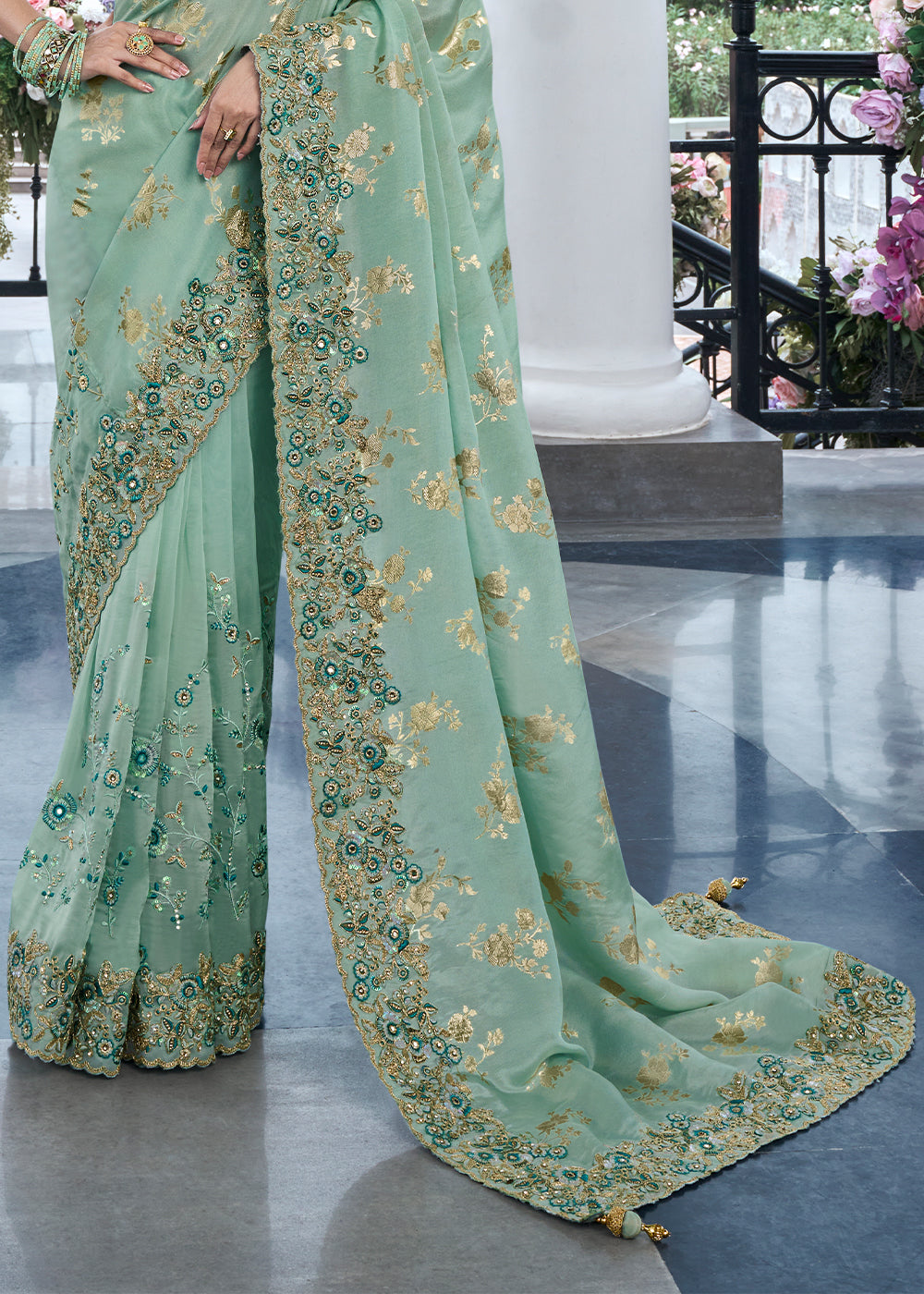 Mason Green Embroidered Designer Silk Saree