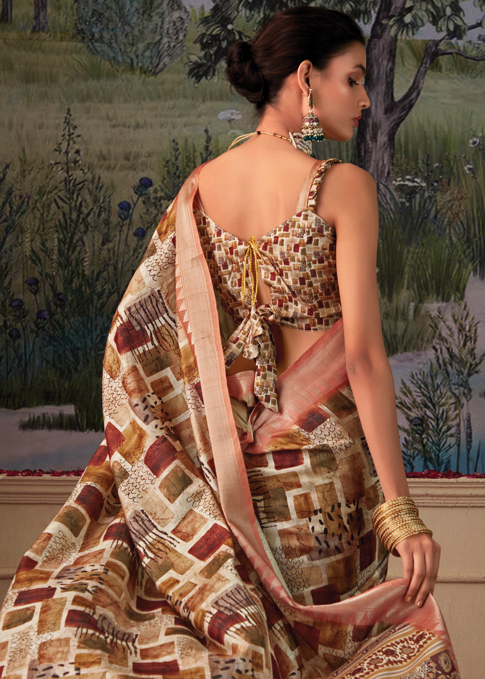 Muddy Waters Brown and Cream Woven Banarasi Tussar Silk Saree