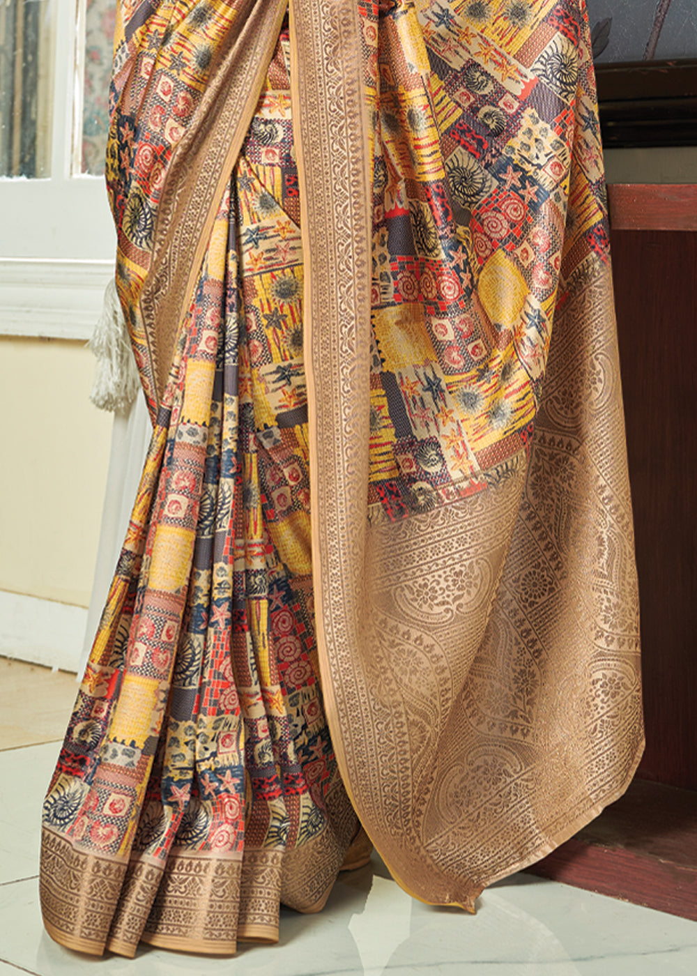 Manhattan Yellow and Brown Banarasi Satin Silk Saree