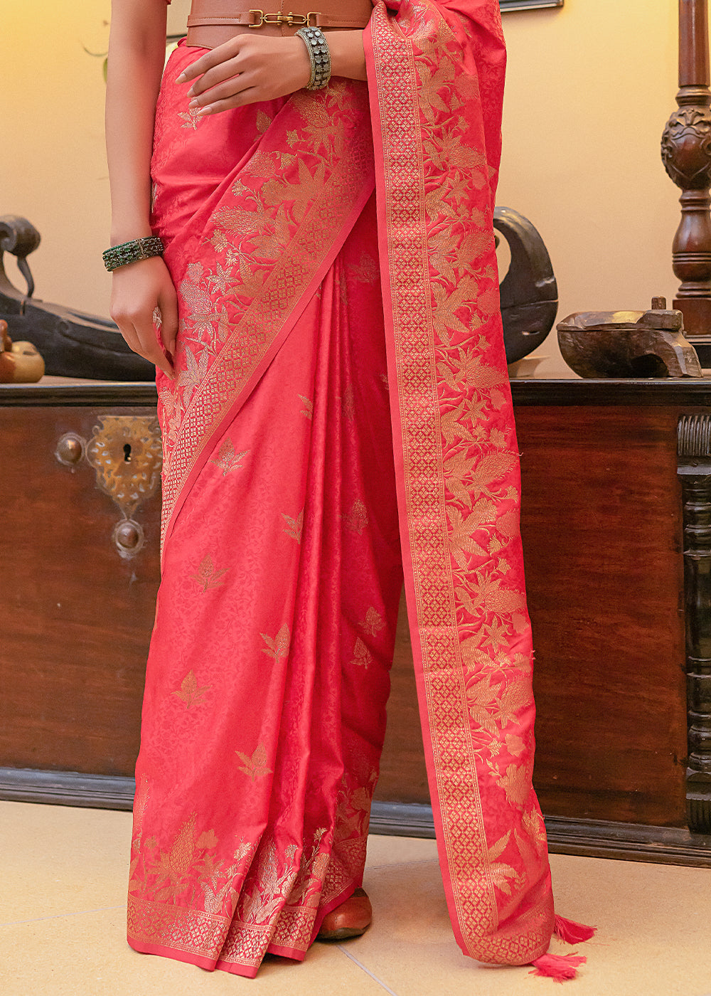 Bittersweet Pink Woven Satin Silk Saree