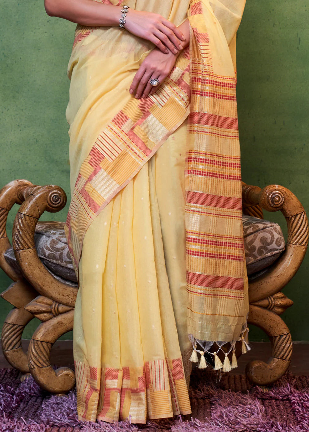 Yellow Handwoven Cotton Silk Saree With Brocade Blouse