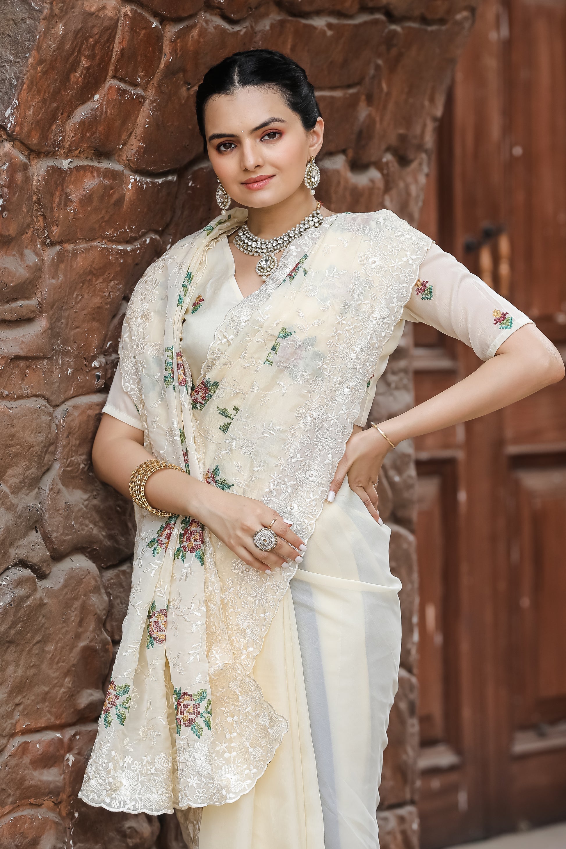 Daisy White Embroidered Chiffon Silk Saree