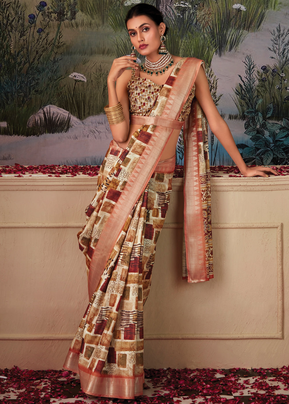 Muddy Waters Brown and Cream Woven Banarasi Tussar Silk Saree