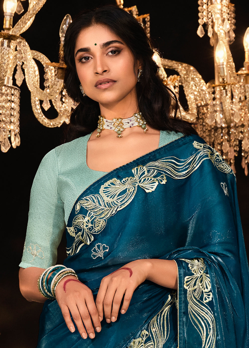 Blue Whale Embroidered Designer Satin Silk Saree