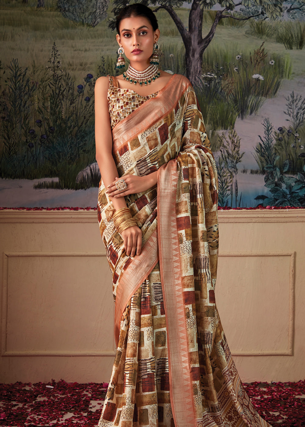 Muddy Waters Brown and Cream Woven Banarasi Tussar Silk Saree