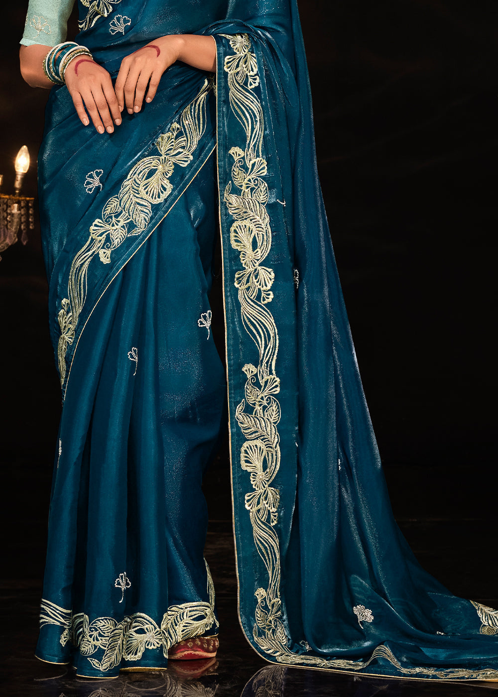 Blue Whale Embroidered Designer Satin Silk Saree