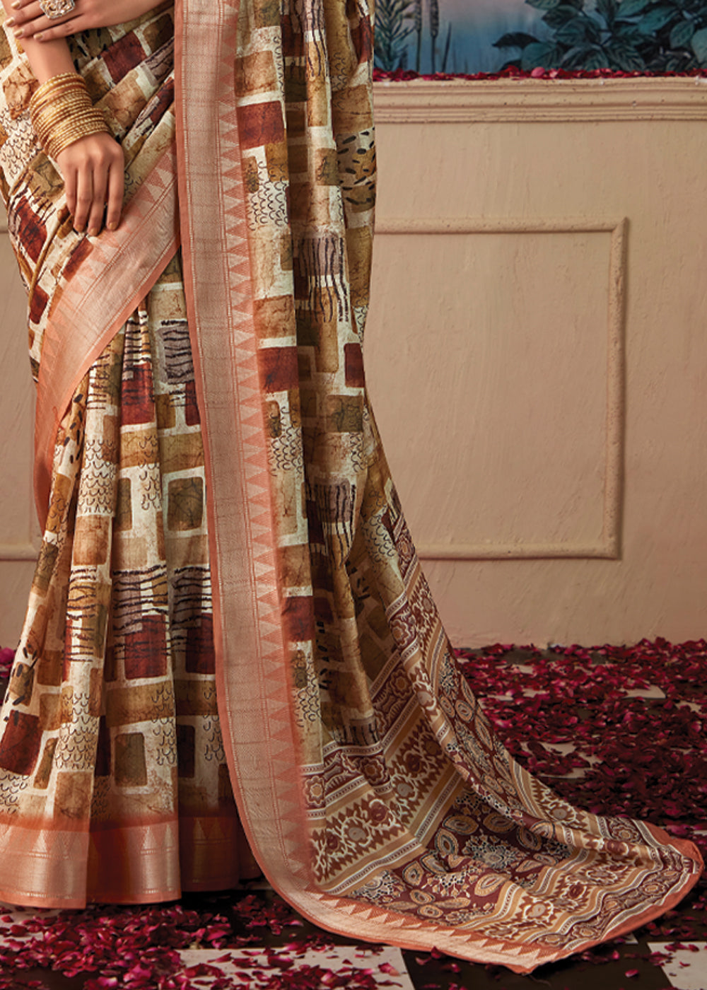 Muddy Waters Brown and Cream Woven Banarasi Tussar Silk Saree