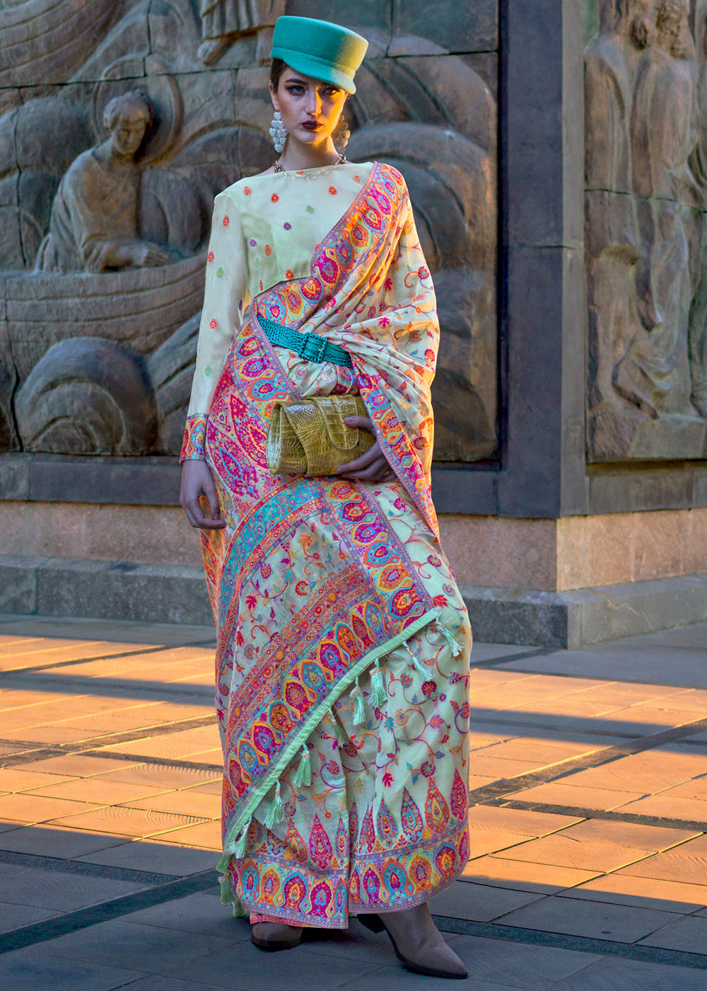 Summer Green Jamawar Woven Organza Silk Saree