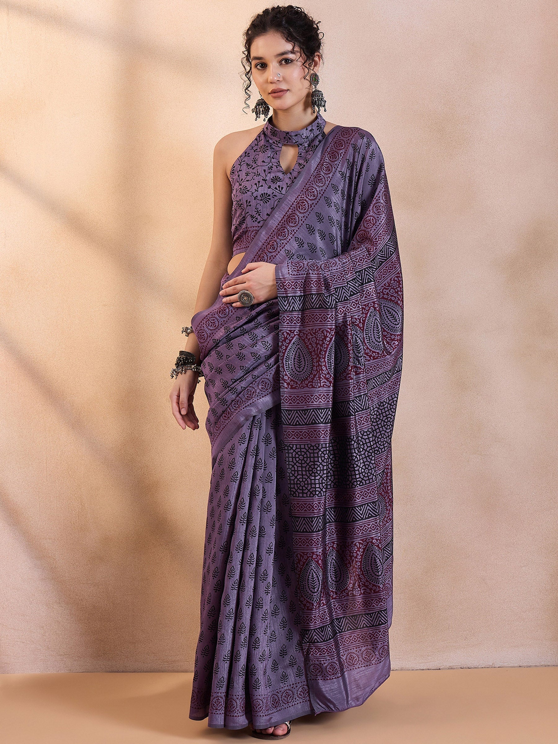 Smoky Purple Printed Dola Silk Saree