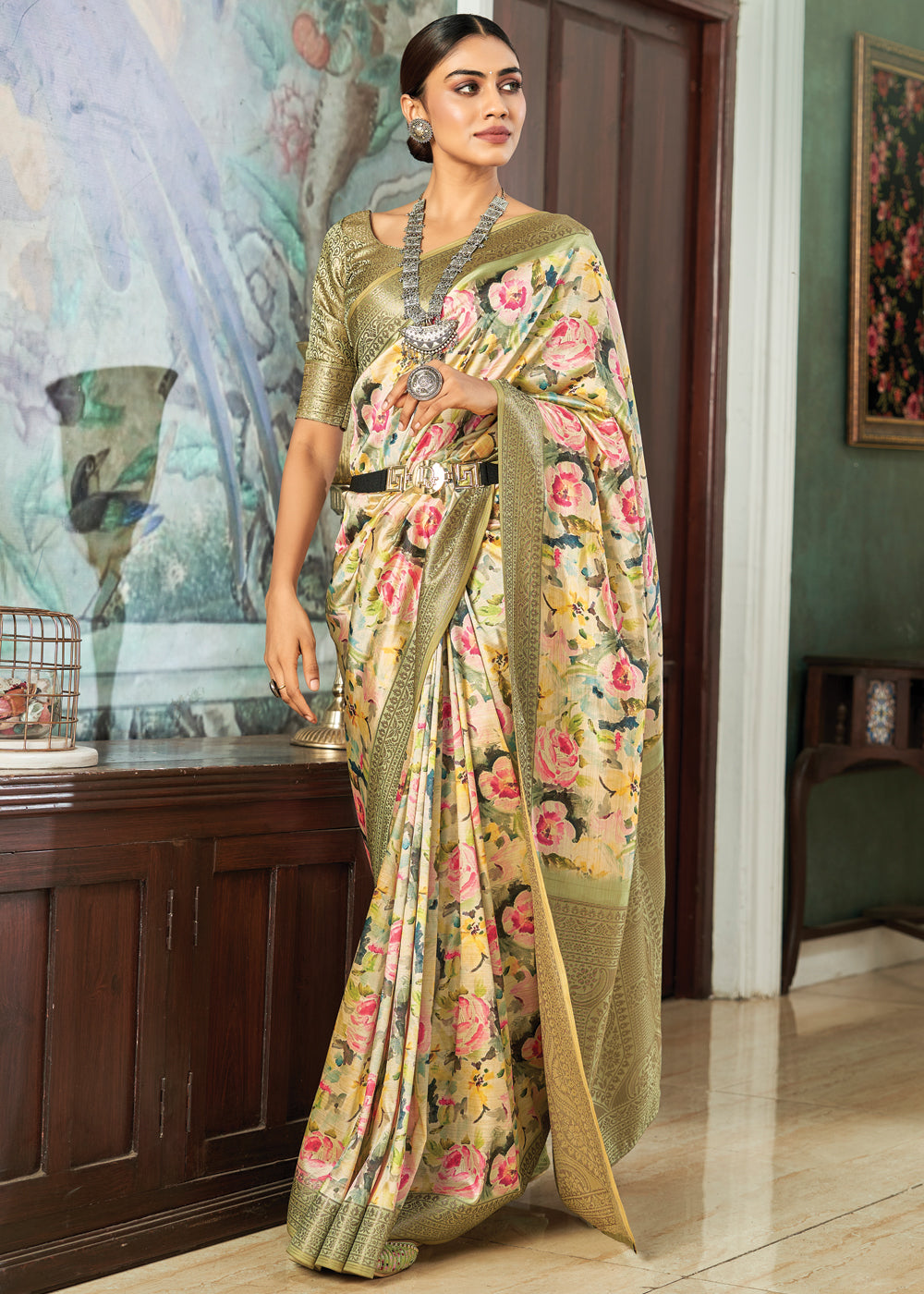 Barley Corn Green Banarasi Satin Silk Saree