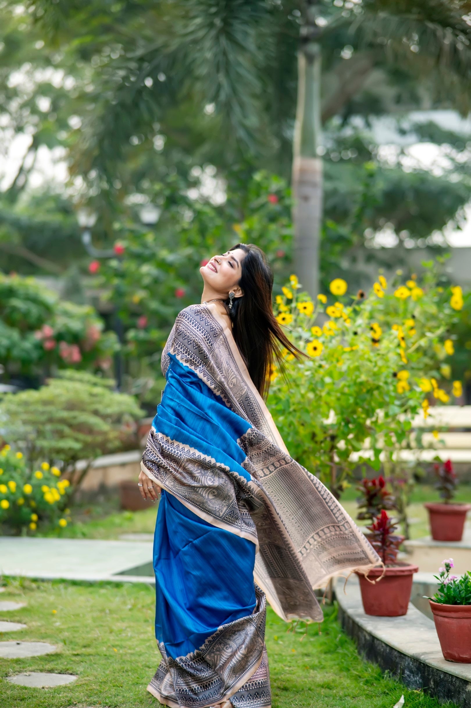 Royal Blue Madhubani Printed Silk Saree