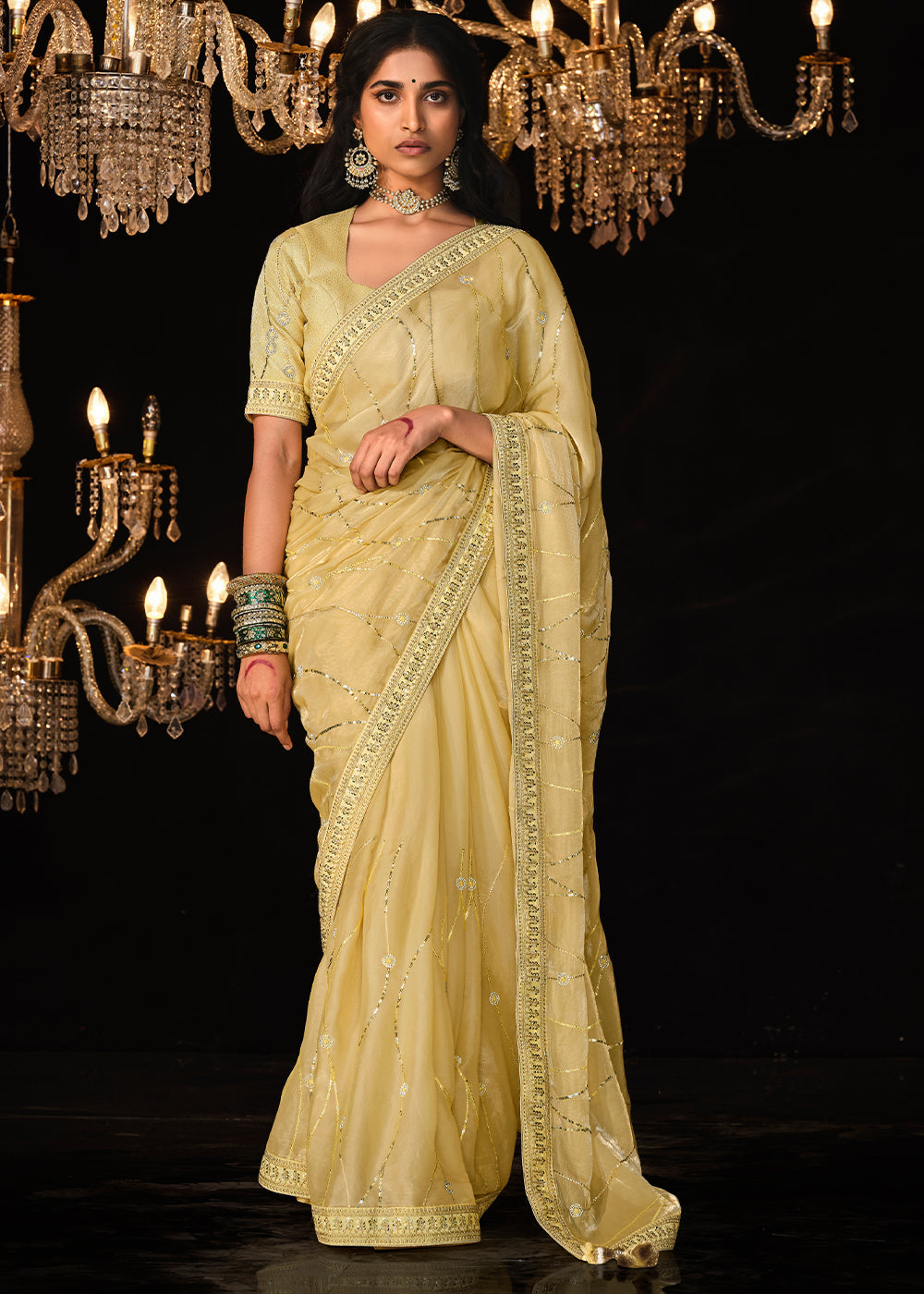 Cape Honey Yellow Embroidered Designer Satin Silk Saree