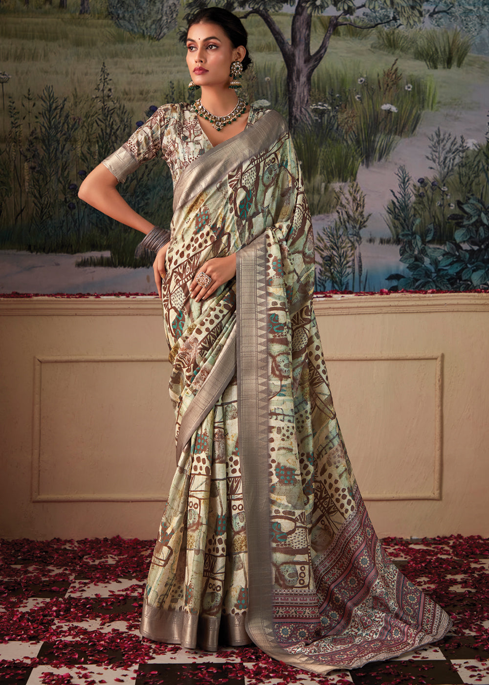 Pablo Green Woven Banarasi Tussar Silk Saree