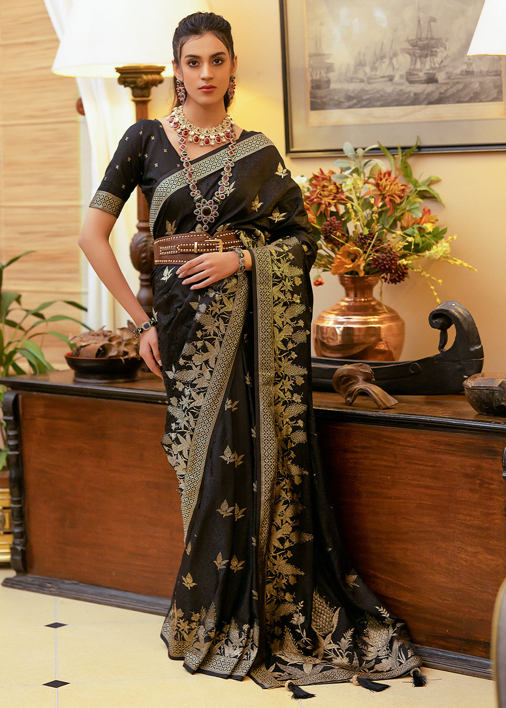 Birch Black Woven Satin Silk Saree