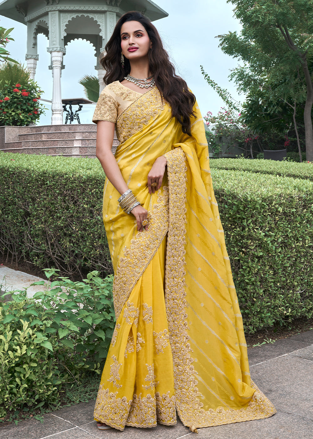 Citrine Yellow Embroidered Designer Silk Saree