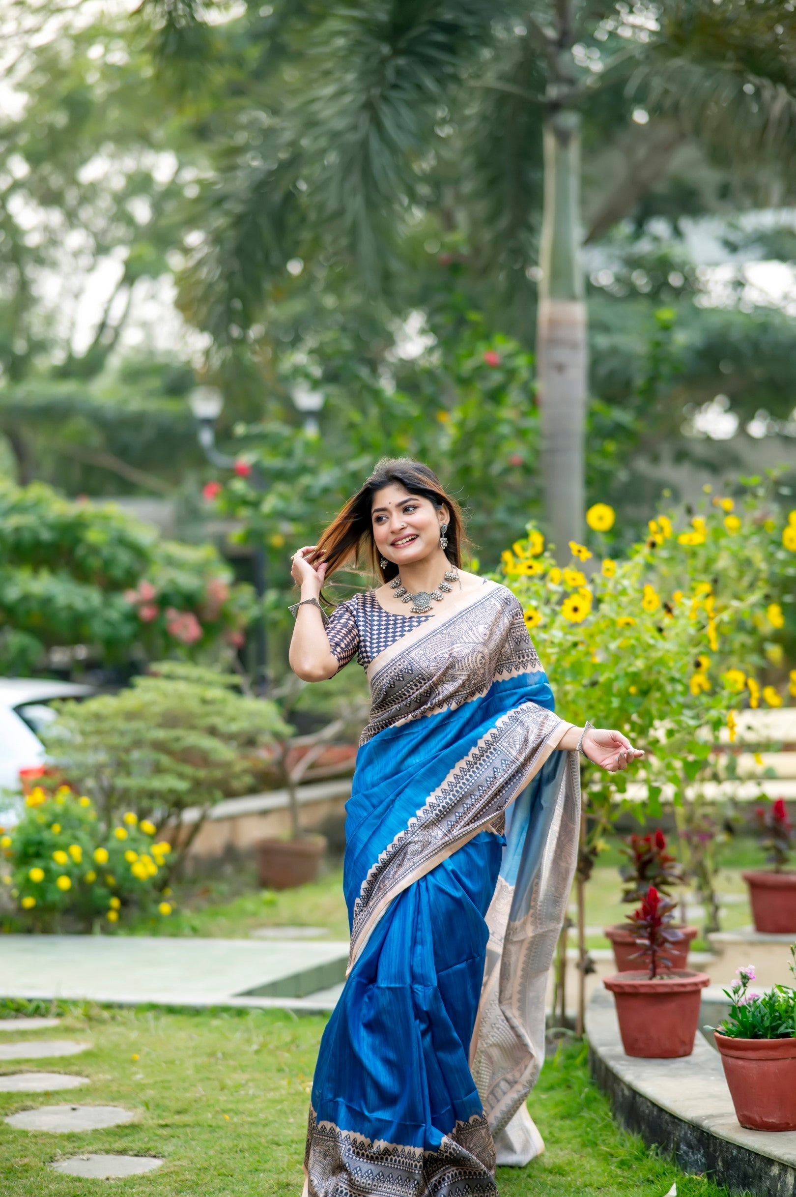 Royal Blue Madhubani Printed Silk Saree