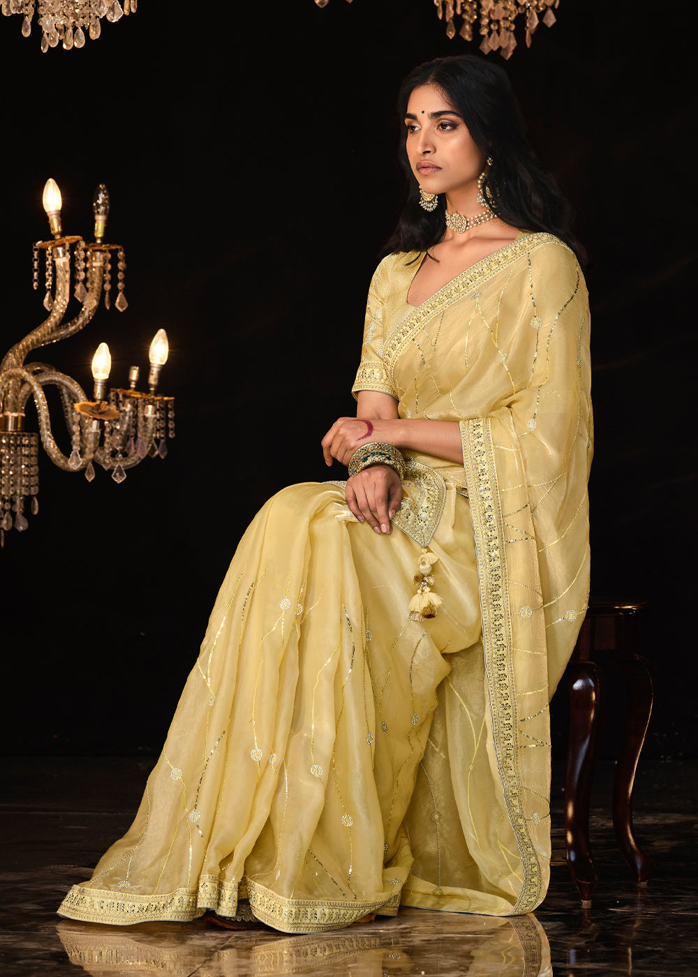 Cape Honey Yellow Embroidered Designer Satin Silk Saree