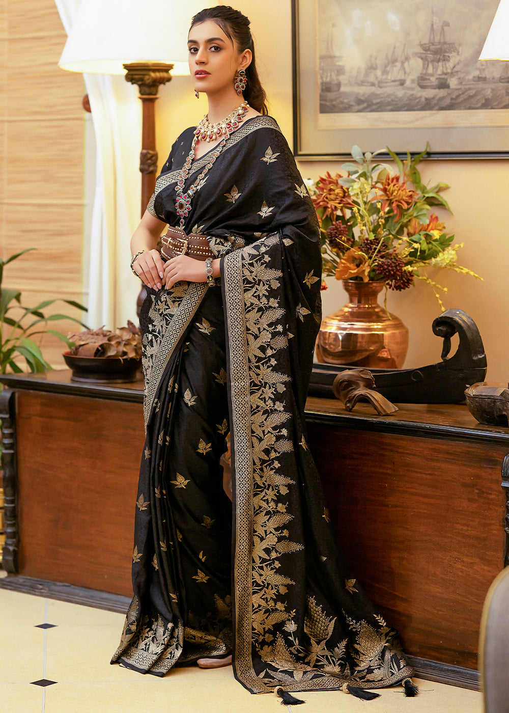 Birch Black Woven Satin Silk Saree