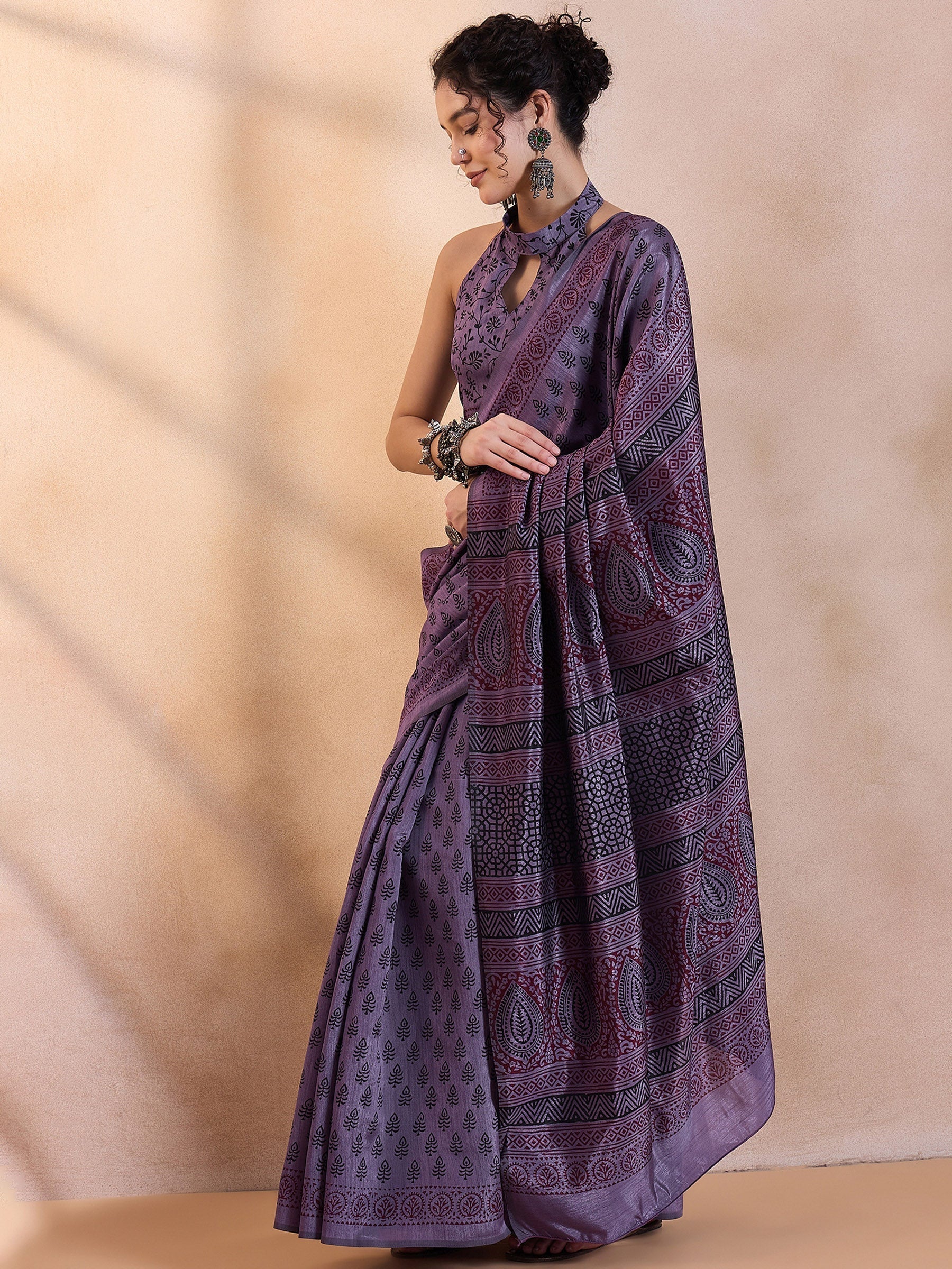 Smoky Purple Printed Dola Silk Saree