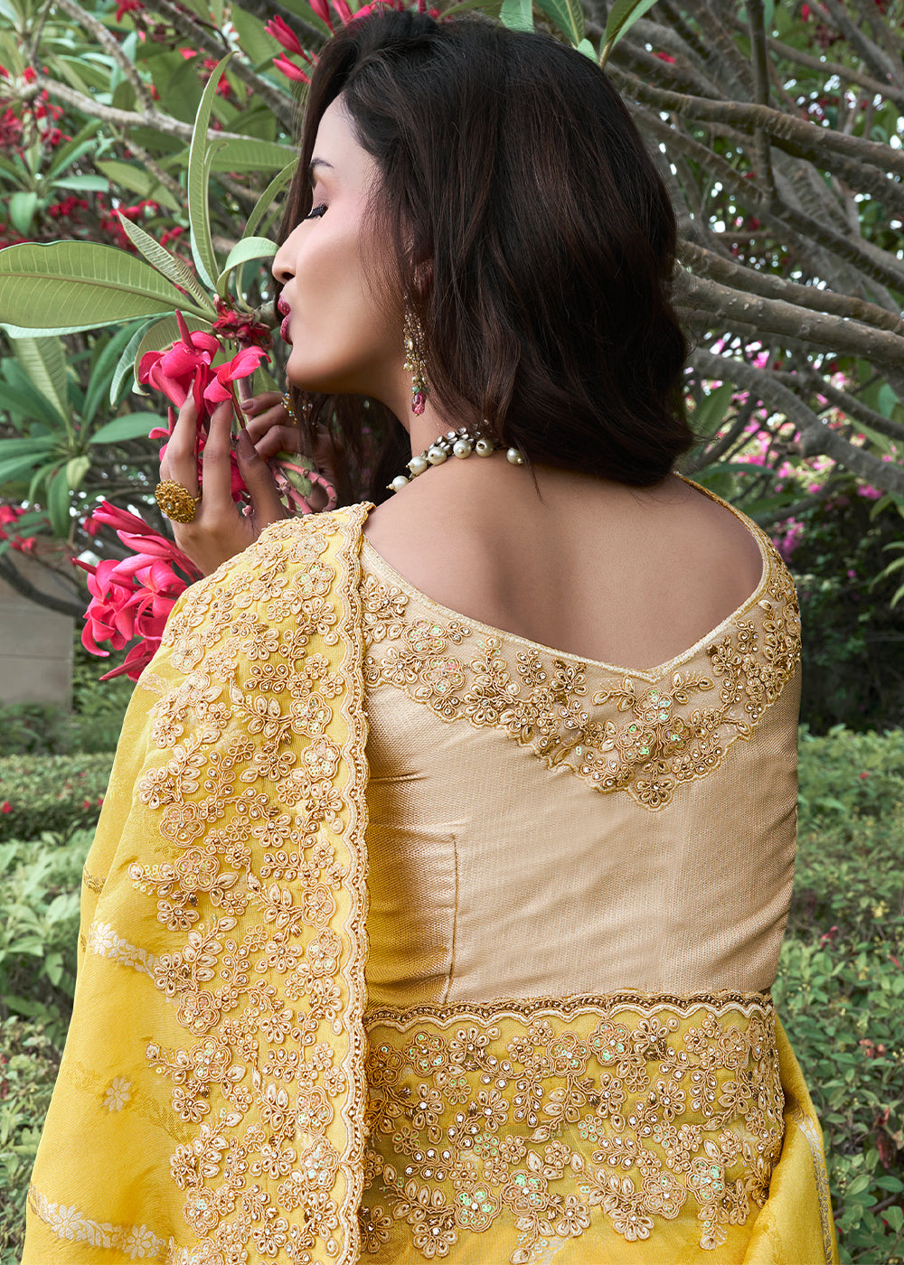 Citrine Yellow Embroidered Designer Silk Saree