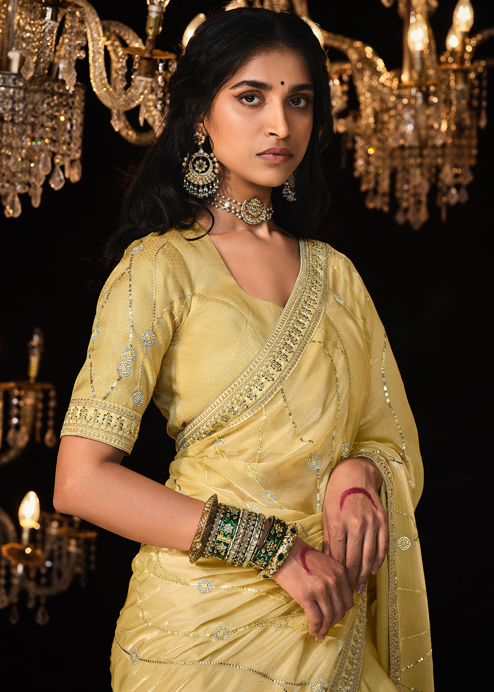 Cape Honey Yellow Embroidered Designer Satin Silk Saree