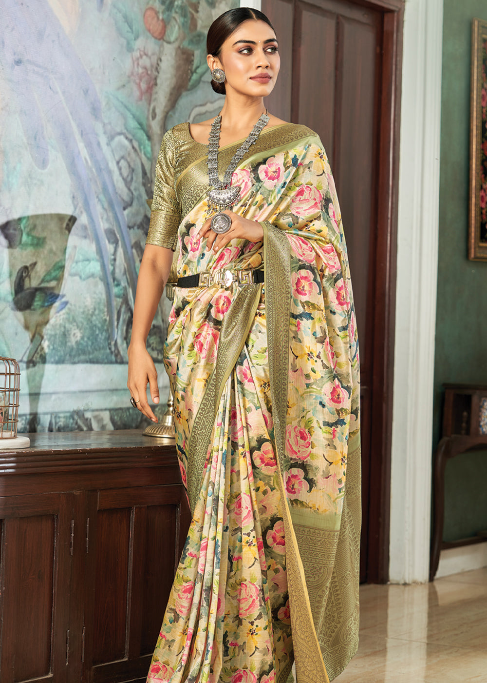 Barley Corn Green Banarasi Satin Silk Saree