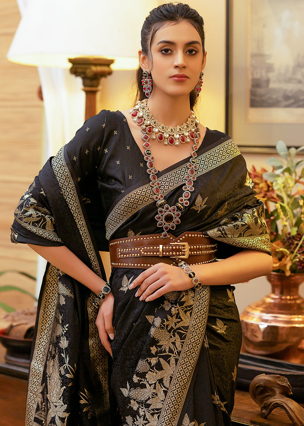 Birch Black Woven Satin Silk Saree