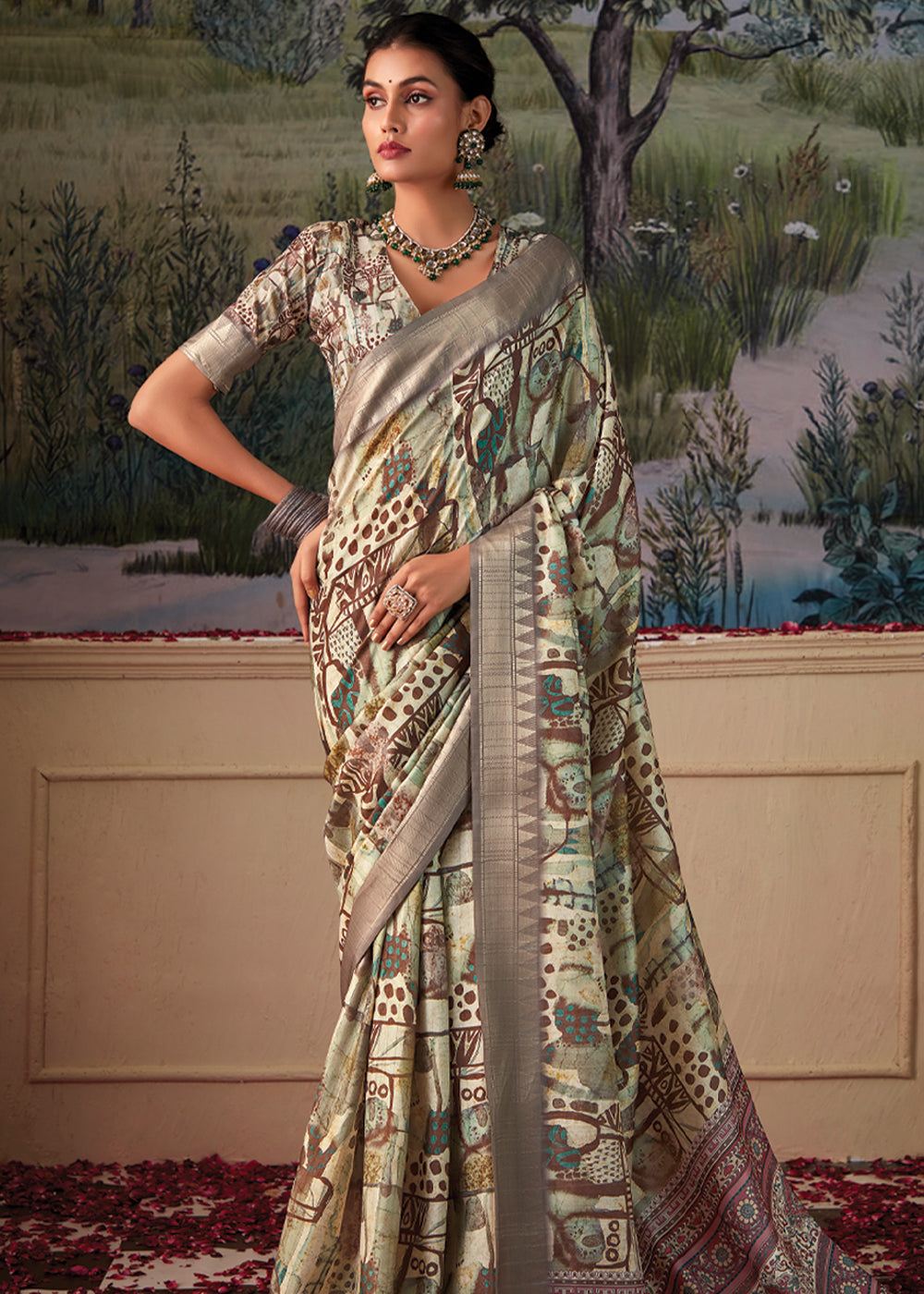 Pablo Green Woven Banarasi Tussar Silk Saree