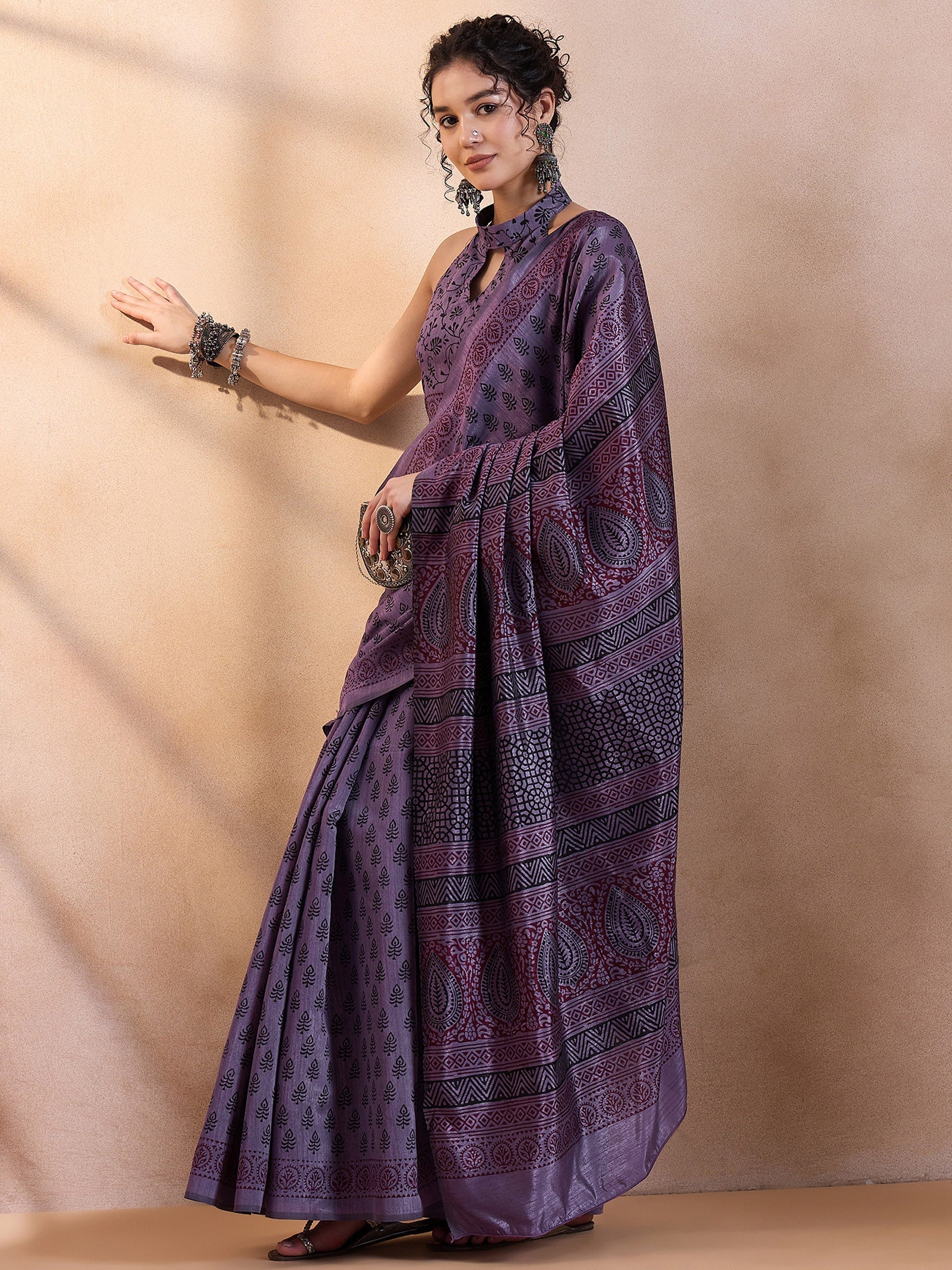 Smoky Purple Printed Dola Silk Saree