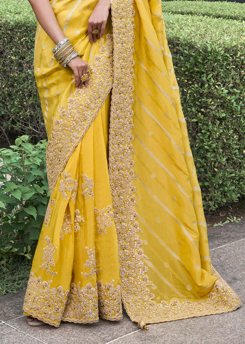 Citrine Yellow Embroidered Designer Silk Saree