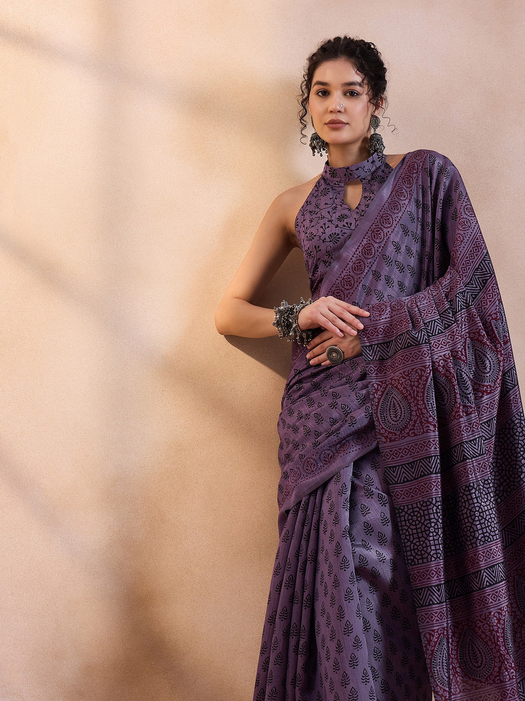 Smoky Purple Printed Dola Silk Saree