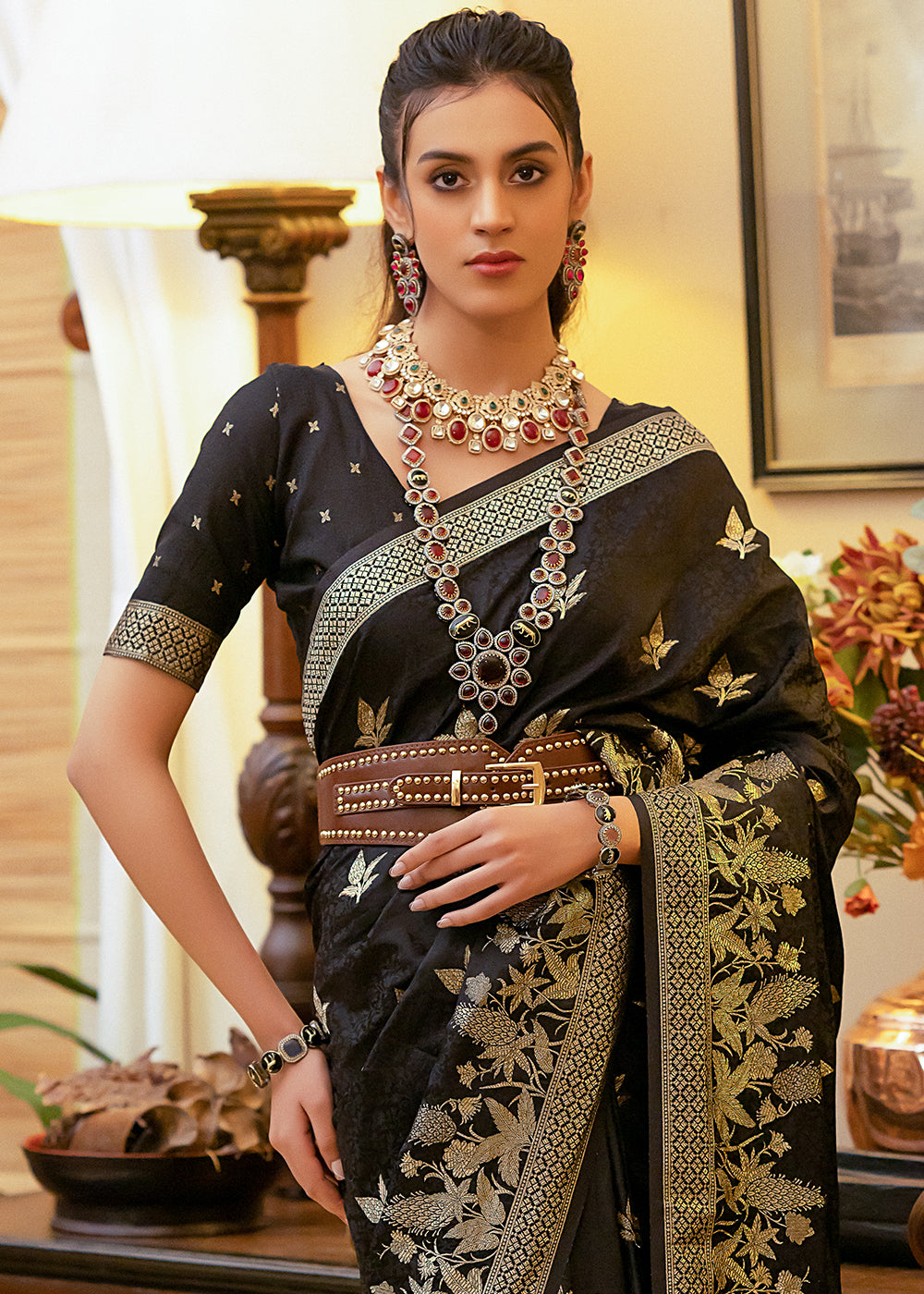 Birch Black Woven Satin Silk Saree