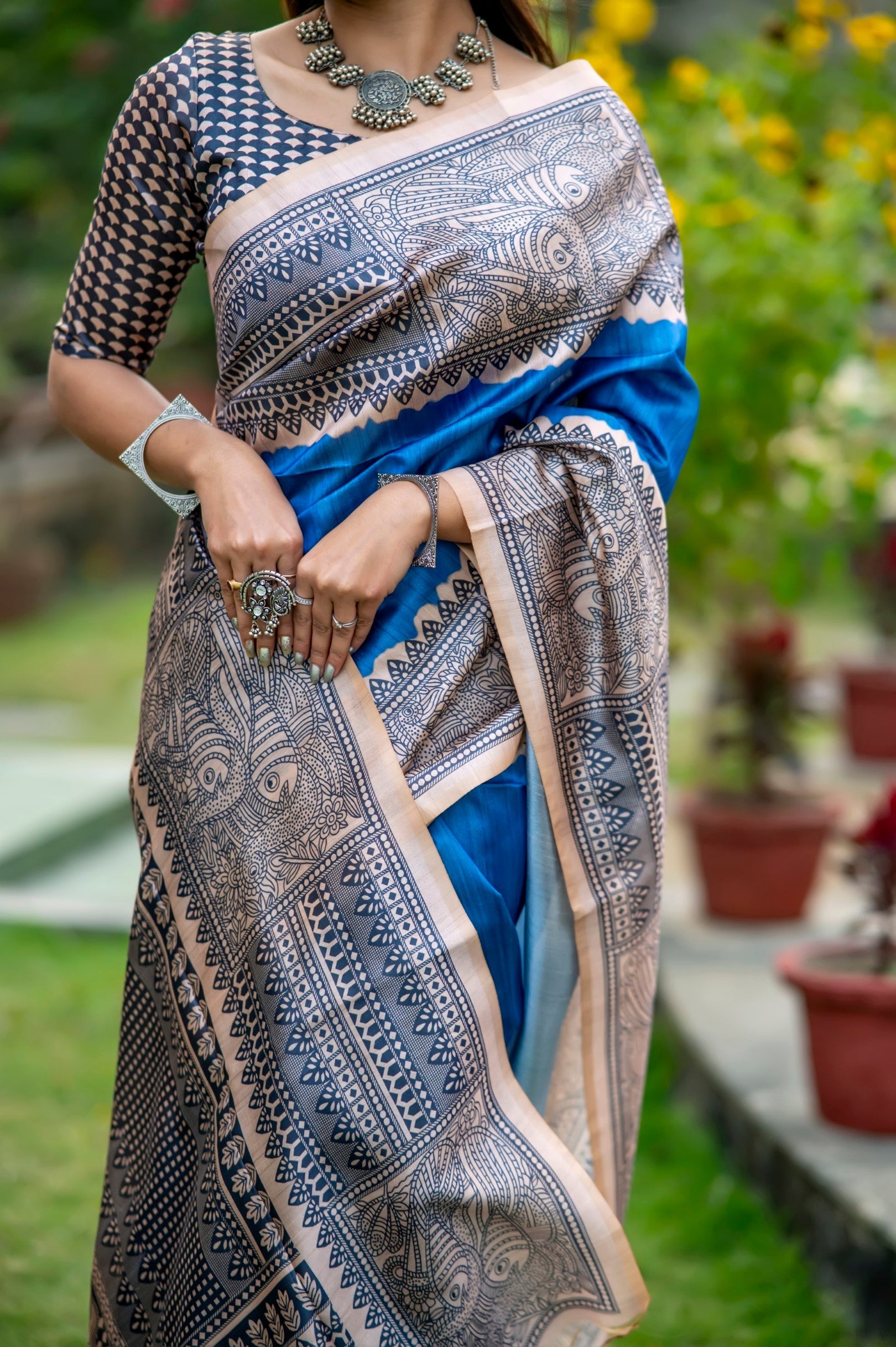 Royal Blue Madhubani Printed Silk Saree