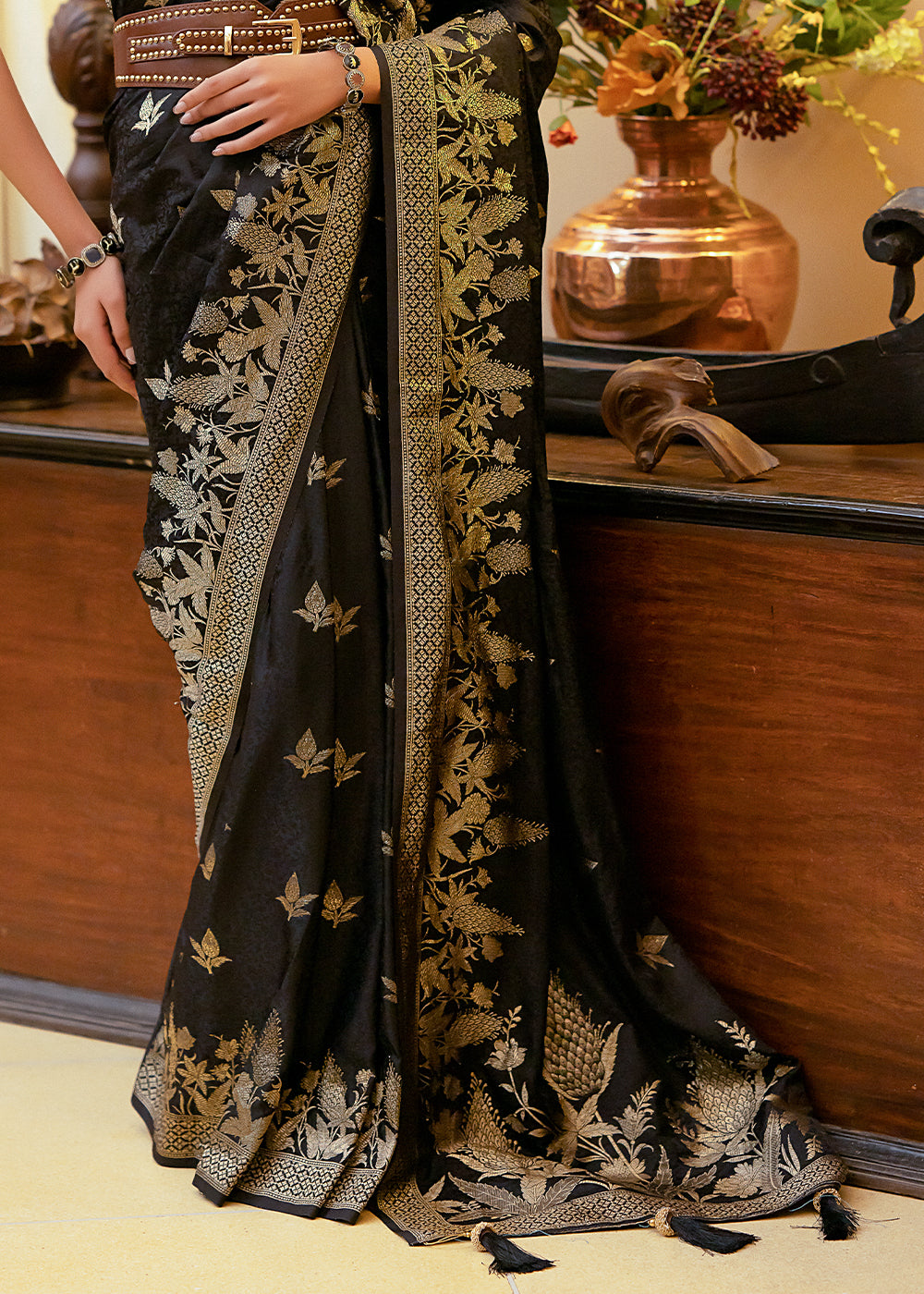 Birch Black Woven Satin Silk Saree