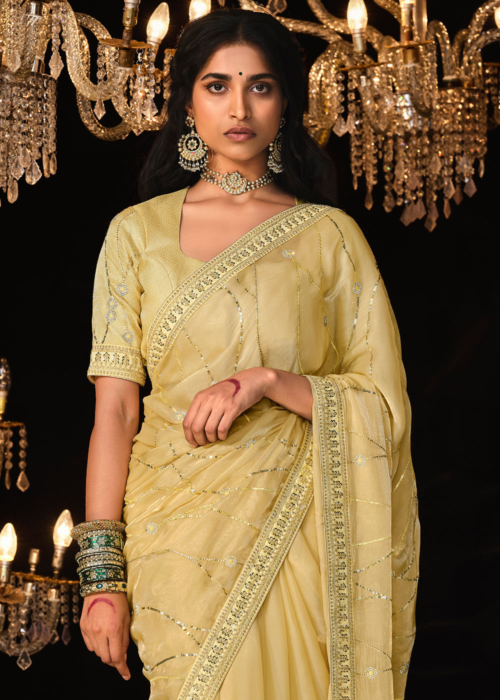 Cape Honey Yellow Embroidered Designer Satin Silk Saree