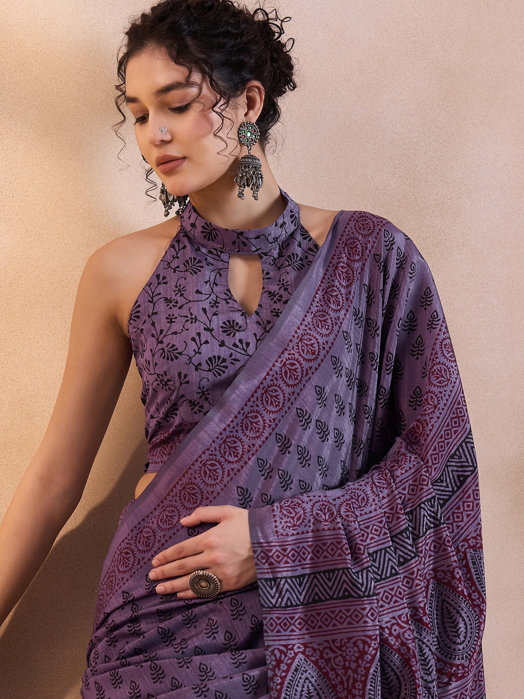 Smoky Purple Printed Dola Silk Saree