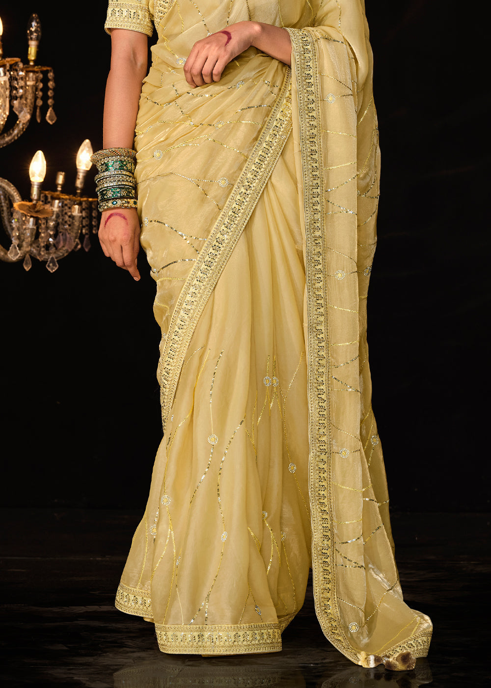 Cape Honey Yellow Embroidered Designer Satin Silk Saree