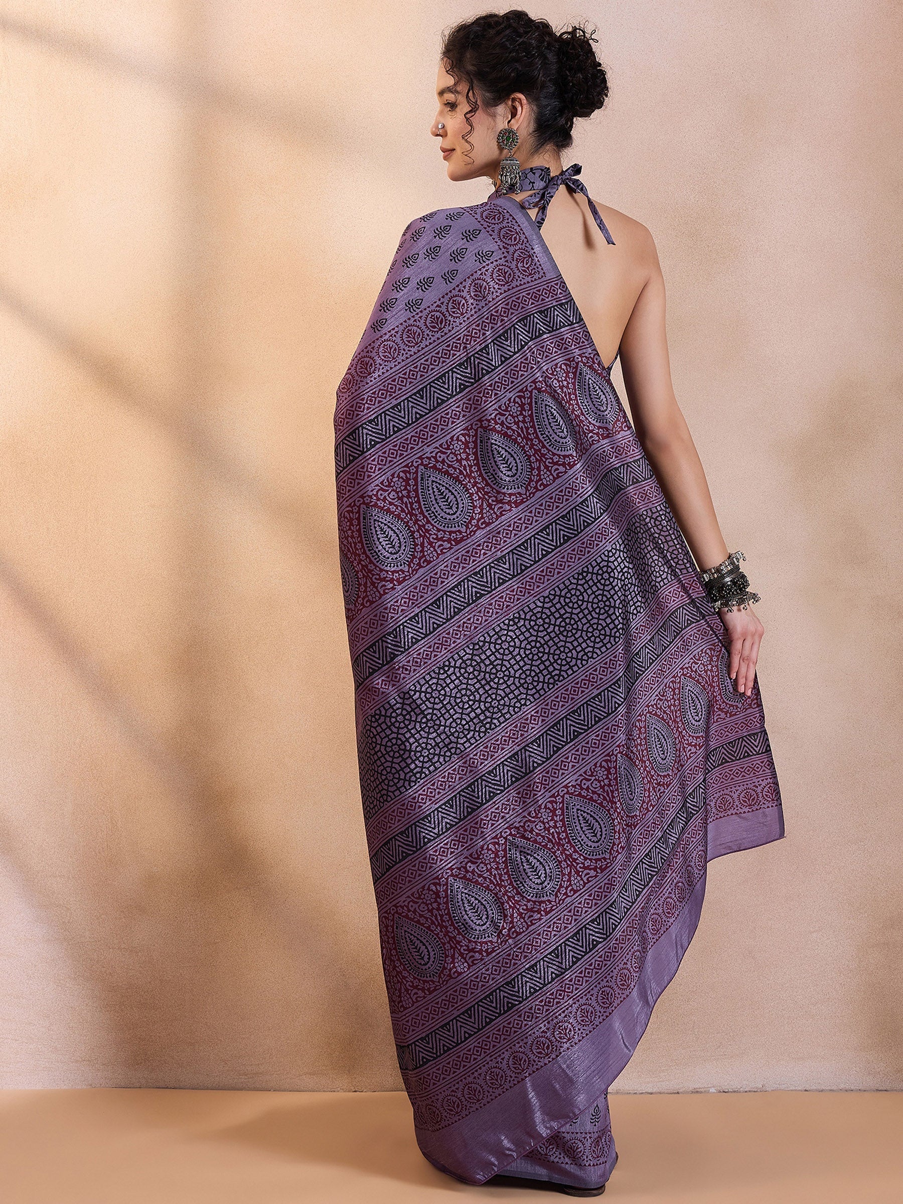 Smoky Purple Printed Dola Silk Saree