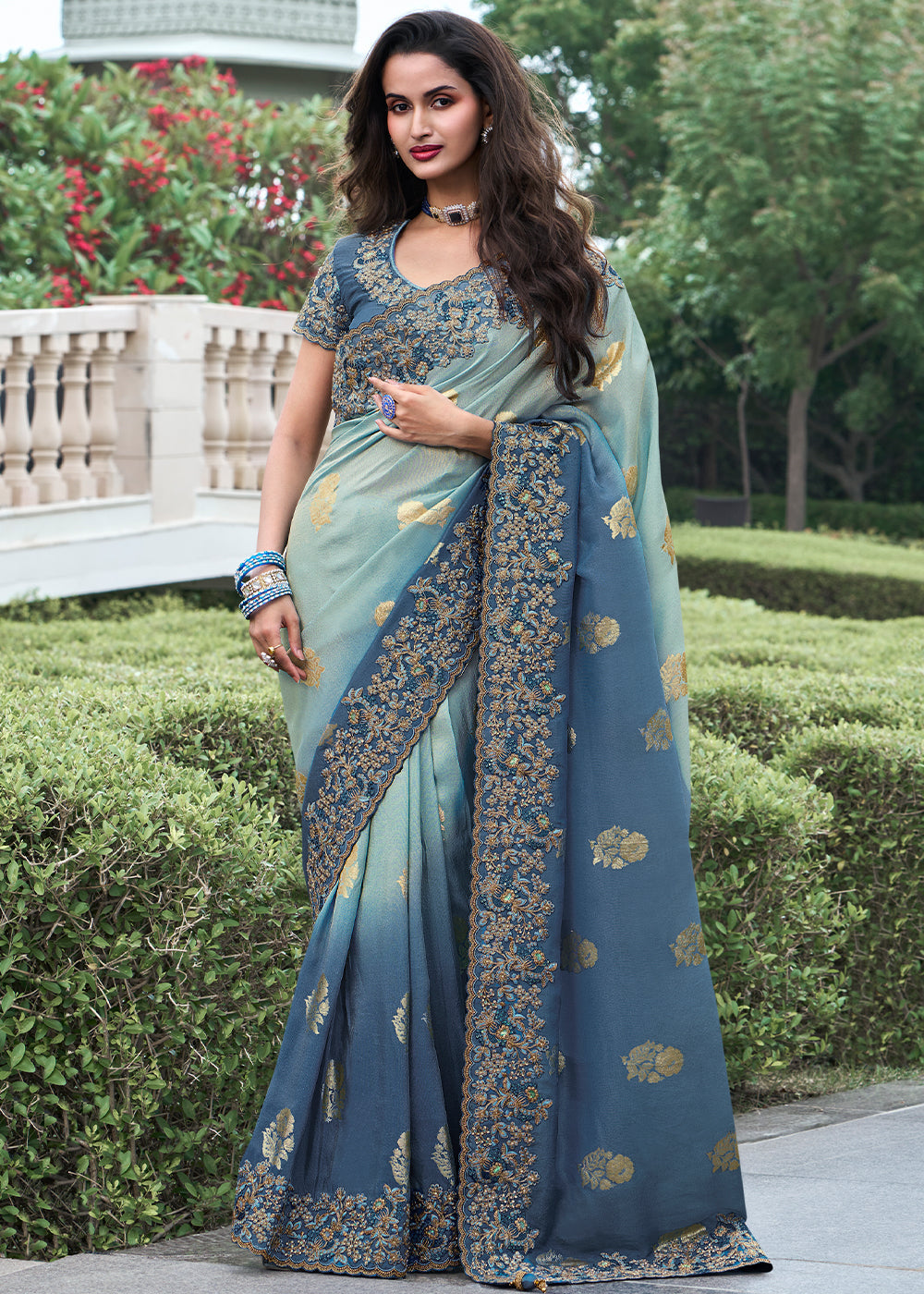 Celeste Blue Embroidered Designer Silk Saree